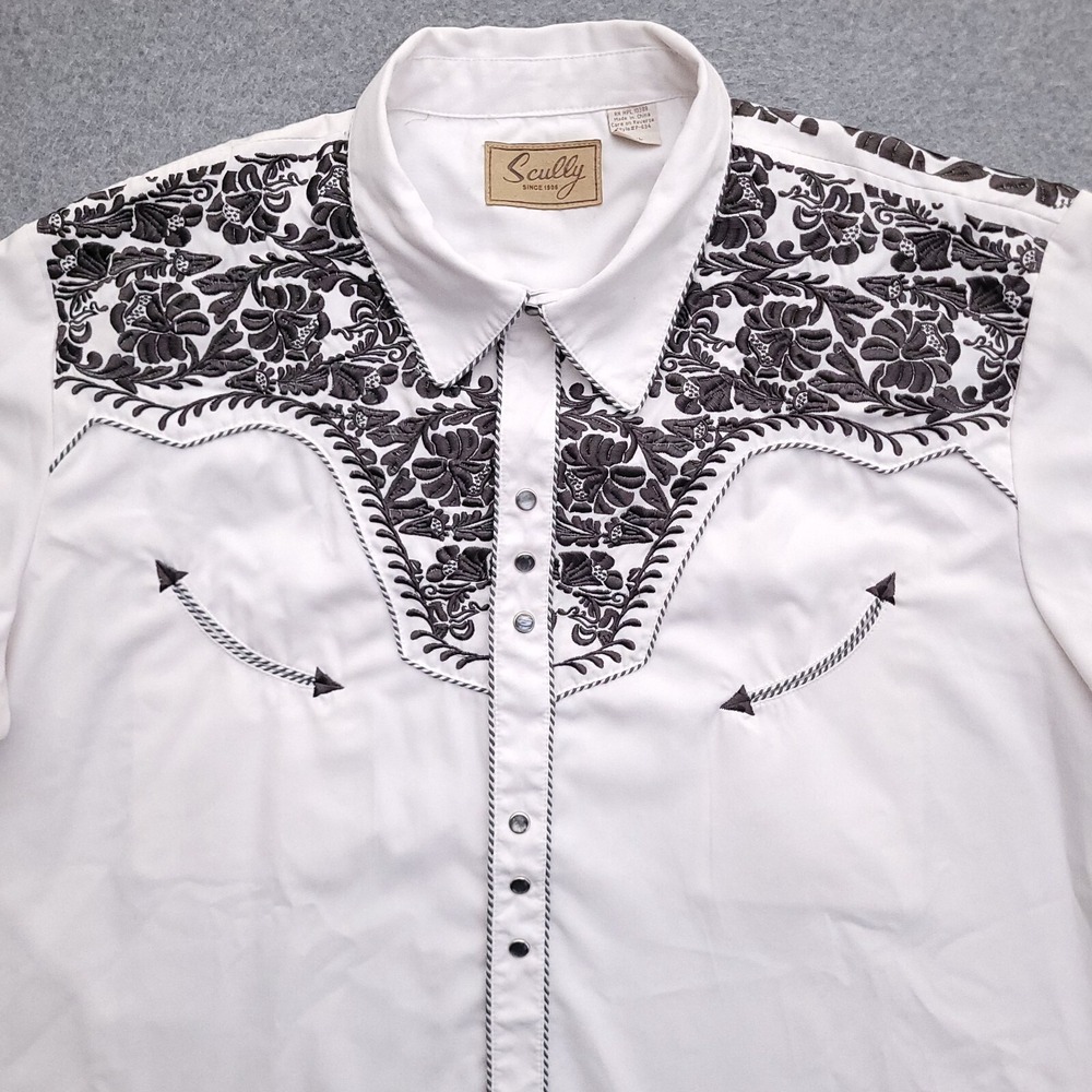 Scully Shirt Mens XXL Embroidered Floral Rodeo Cowboy White Pearl Snap Western